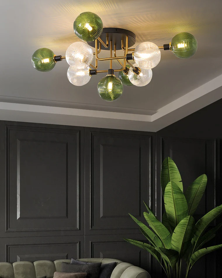 WOMO Ribbed Smoked/Green Glass Globe Ceiling Light-WM1110 - Image 7