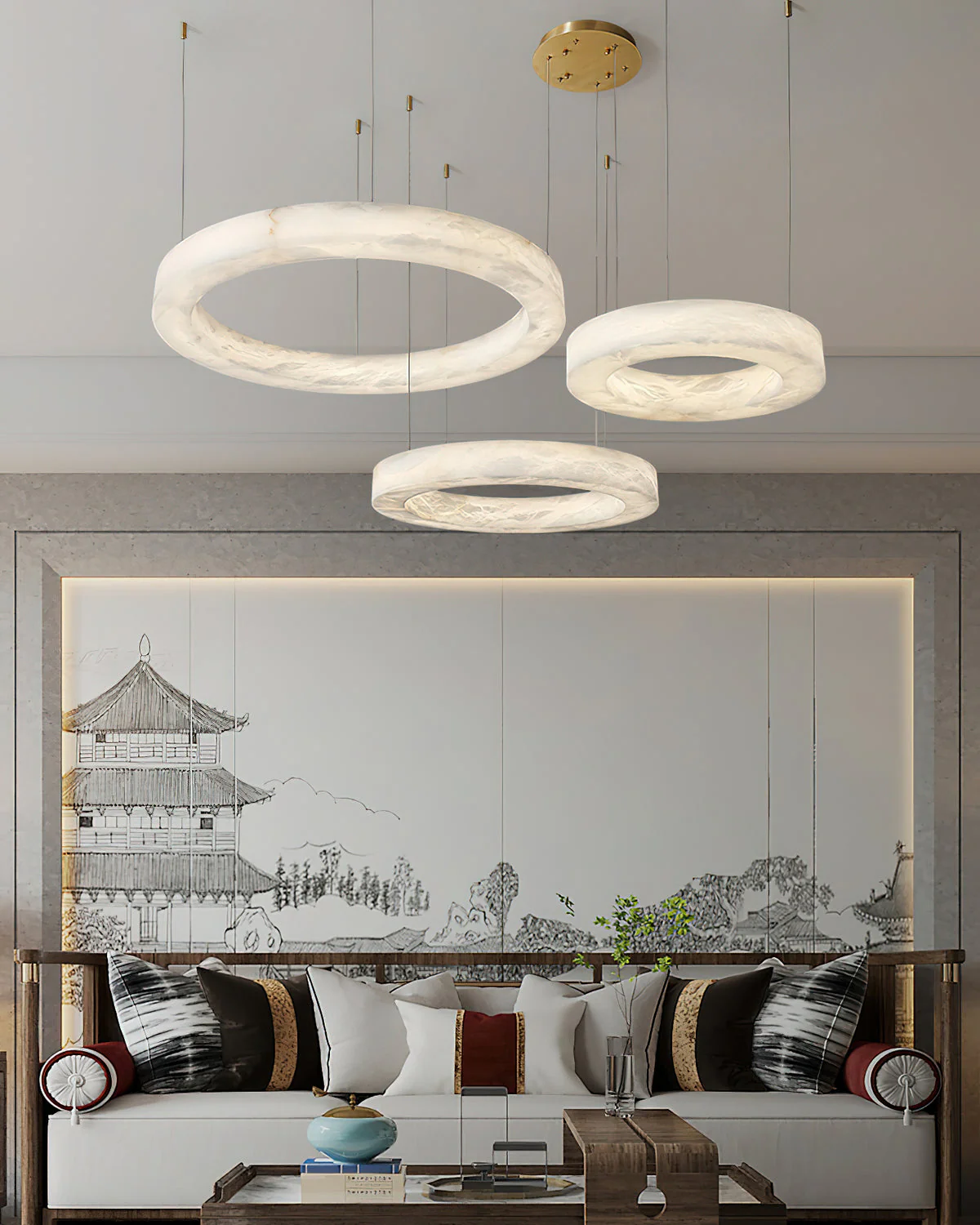 WOMO 3 Rings Alabaster Chandelier-WM2857 - Image 3